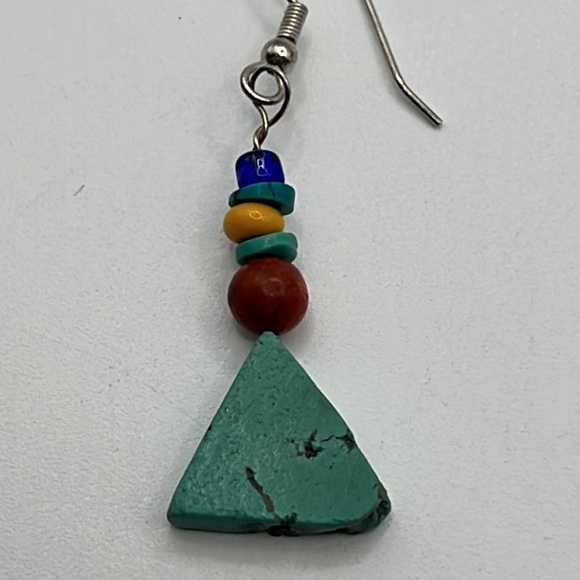 TURQUOISE, SPONGE CORAL, AND GLASS BEAD EARRINGS WITH STERLING SILVER HOOKS - Picture 4 of 6